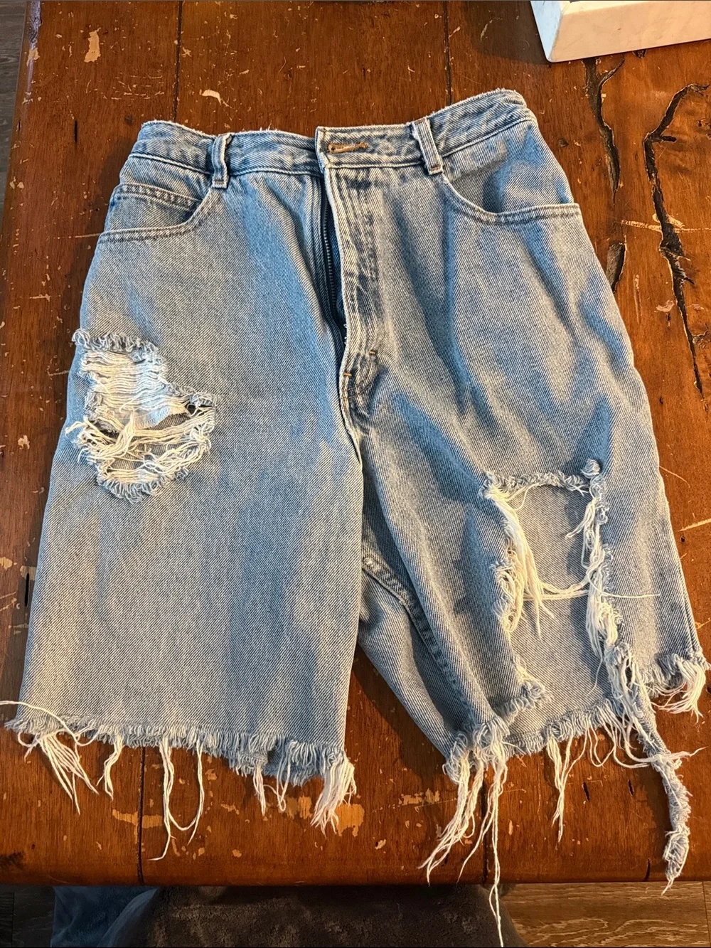 Vintage Light Wash Distressed Denim Long Shorts